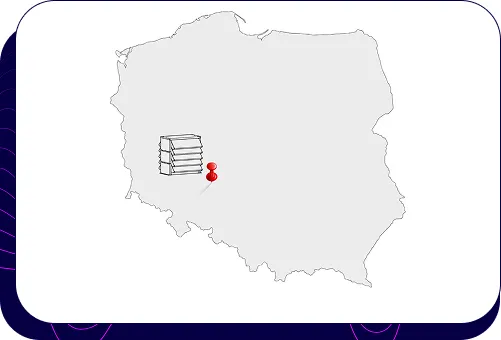 Mapa Polski z czerwoną pinezką wskazującą lokalizację naszej firmy we Wrocławiu