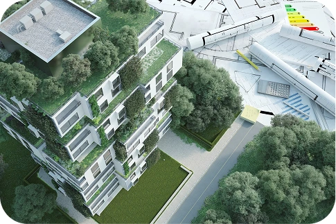 Wizualizacja nowoczesnego osiedla z zielonymi dachami i elewacją, widoczna z góry. Obok budynku leżą plany architektoniczne, rolka papieru, kalkulator i wykresy dotyczące efektywności energetycznej.