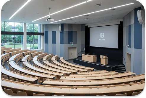 Nowoczesna aula wykładowa, w której dobra akustyka zapewnia wysoką zrozumiałość mowy