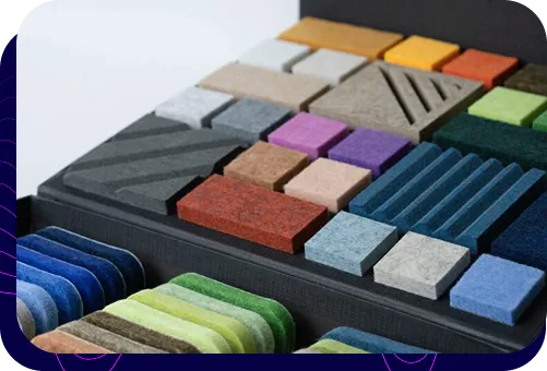 Wzornik z szeroką gamą próbek materiałów akustycznych o różnych kolorach i fakturach