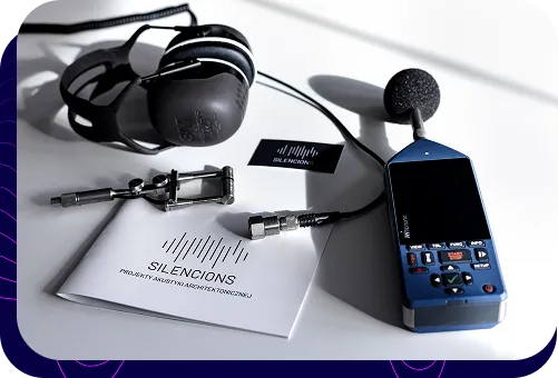 Specjalistyczna aparatura pomiarowa Silencions używana do precyzyjnej diagnostyki akustycznej i identyfikacji źródeł hałasu.