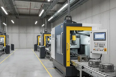 Linia produkcyjna z maszynami obróbczymi w hali przemysłowej – jeden z obiektów analizy akustycznej.