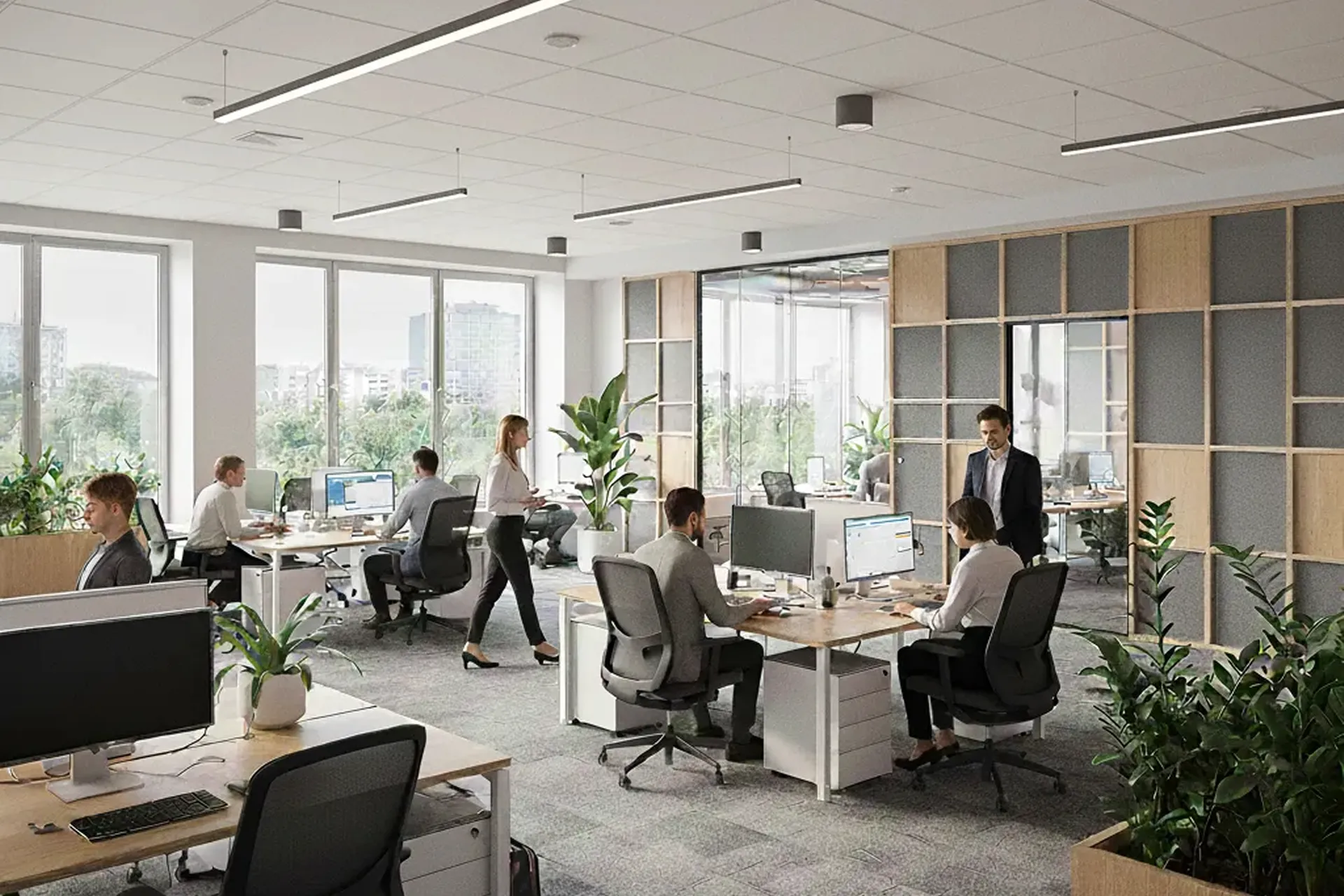 Nowoczesne biuro typu open space z sufitami i panelami akustycznymi na ścianie