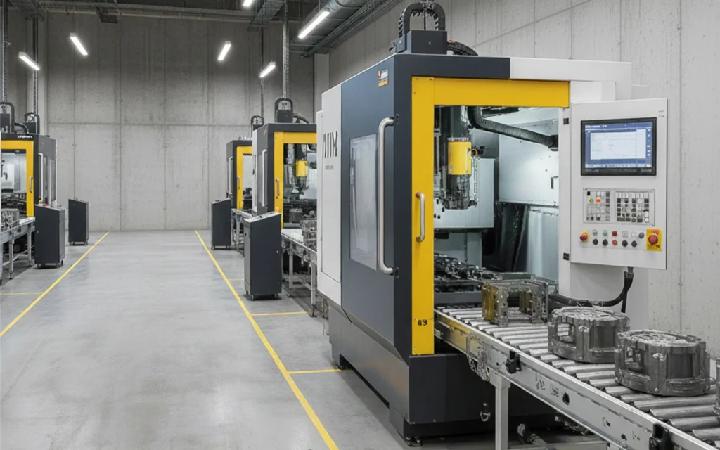 Wnętrze nowoczesnej hali produkcyjnej. Kontrola hałasu pogłosowego zgodnie z normami BHP.