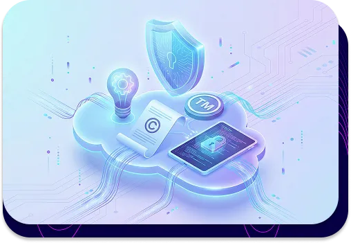 Abstrakcyjna ilustracja izometryczna przedstawiająca symbole ochrony własności intelektualnej, w tym tarczę, znak towarowy TM oraz ikonę praw autorskich w kontekście innowacji cyfrowych.