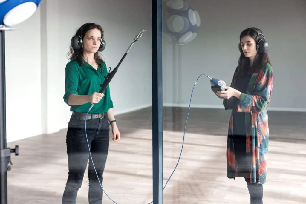 Profesjonalne pomiary akustyczne wykonywane przez akustyków Silencions. Badanie izolacyności przegrody/ ściany w warunkach terenowych metodą natężeniową, norma PN-EN ISO 15186-2:2011