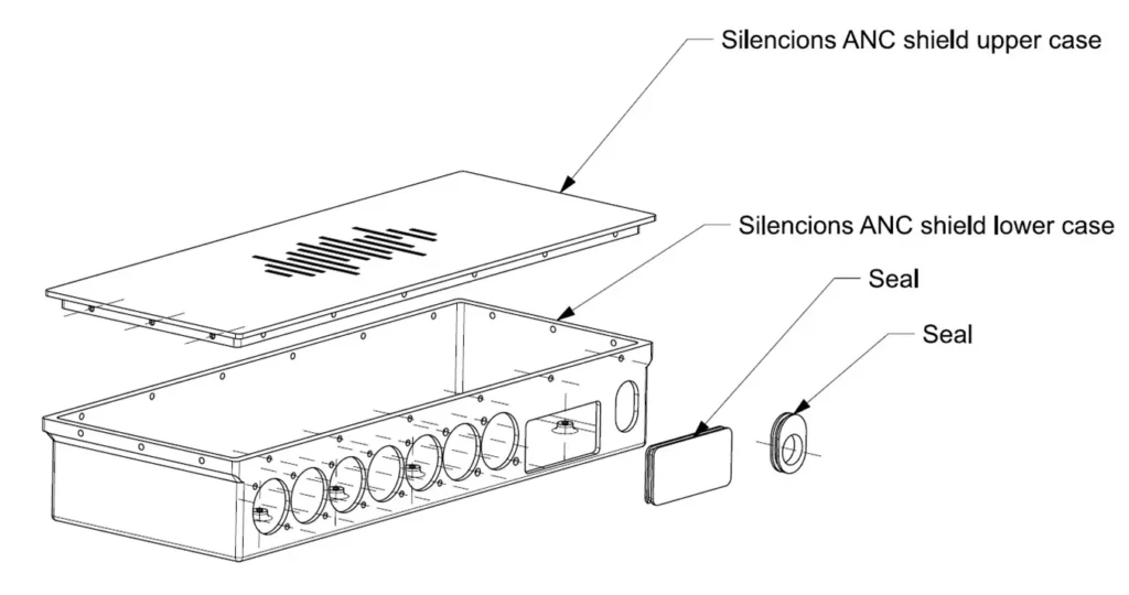 Techniczny schemat montażowy obudowy Silencions ANC shield z zaznaczonymi uszczelkami i elementami konstrukcyjnymi.